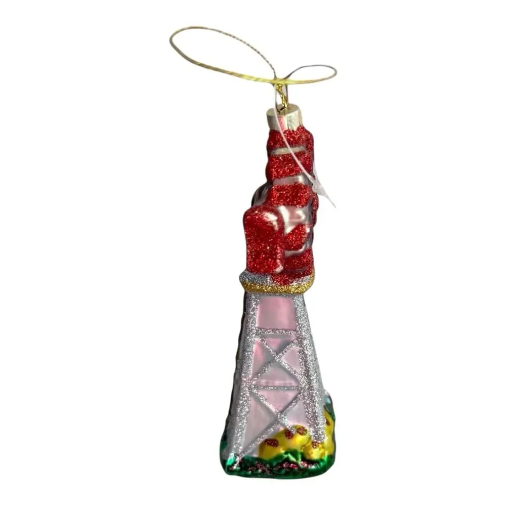 Farm Windmill Rustic Midwest‎ Glass Christmas Ornament Red Green White EUC